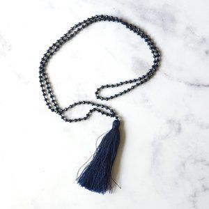 Long Navy Glass Bead Tassel Necklace